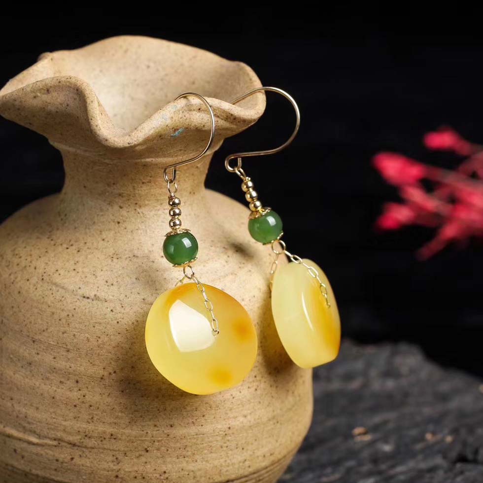 良材汇原矿蜜蜡随形平安扣耳环_家具饰品_居家配饰众趣