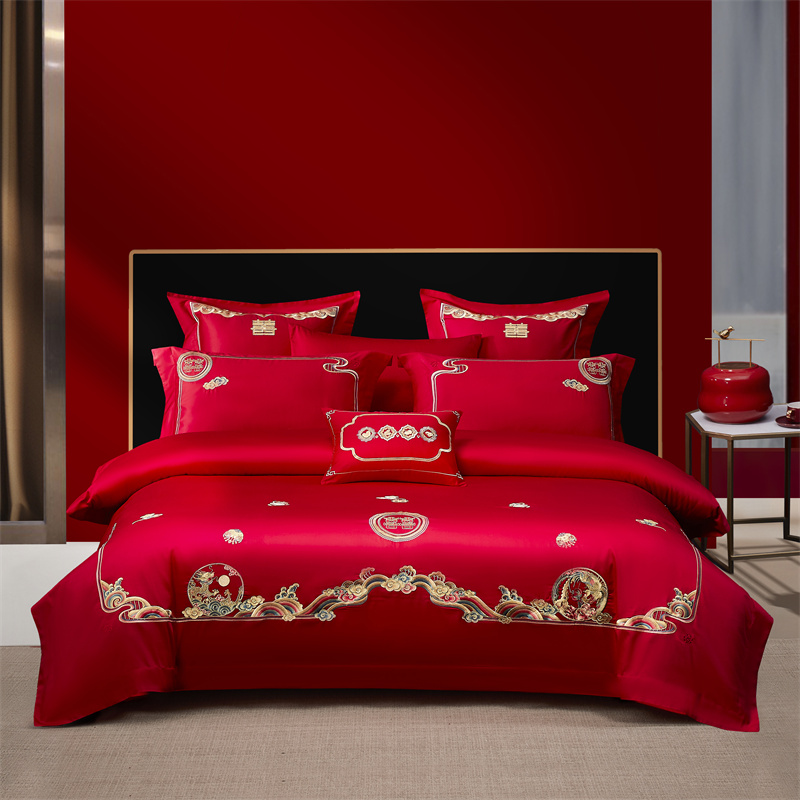 皇力士刺绣全棉婚庆四件套：轻奢红妆，喜嫁新房的仪式感天花板！